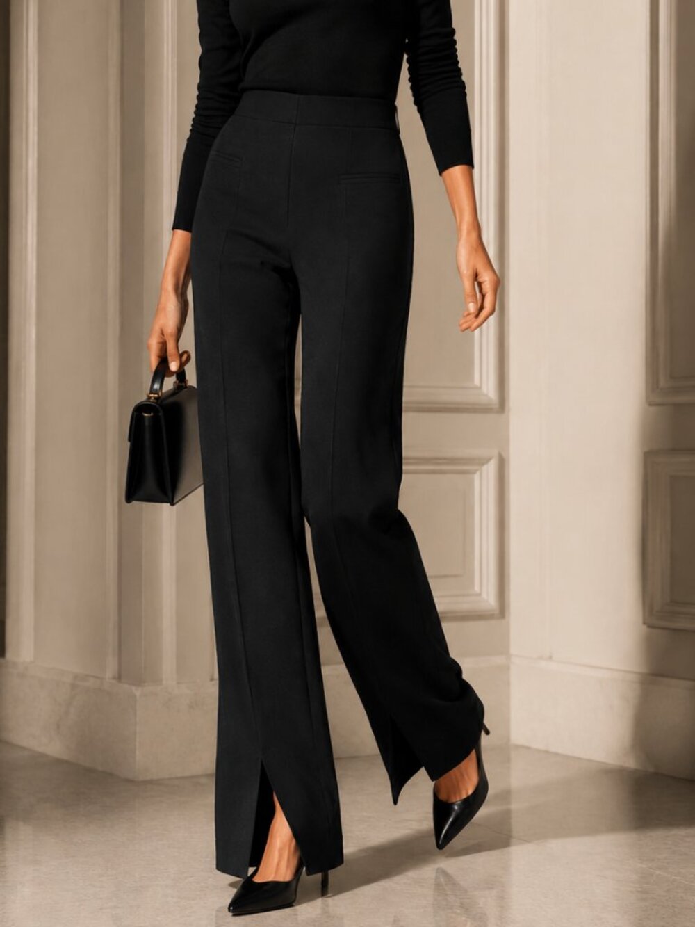 PAULE KA PARIS INC Black Jersey Split-Front Flare Pants Size Large NWT